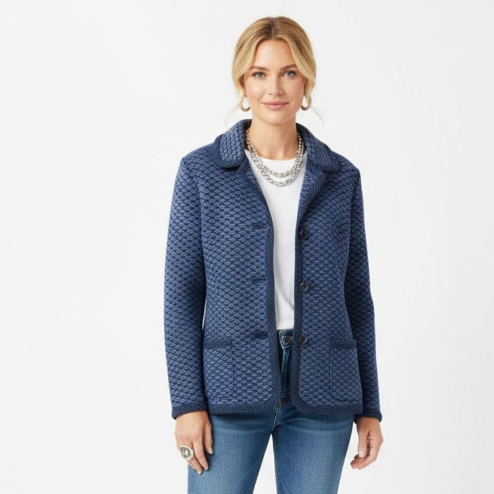 Romaye Vintage Blue Print Button Close Long Sleeve Cardigan Sweater M